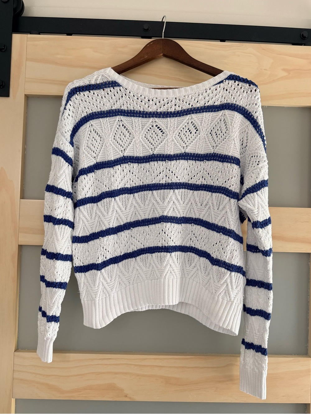 Lauren Ralph Lauren Open Knit Striped Sweater Women M White Blue Cotton Blend - Picture 3 of 6